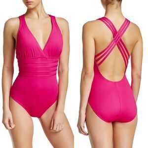 New! LA BLANCA Cross-Back One-Piece Pink Swimsuit Bathing Suit Tummy Control
